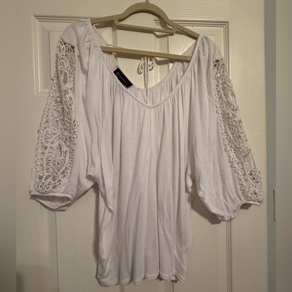 INC - White Women's Crochet Sleeve Peasant Top